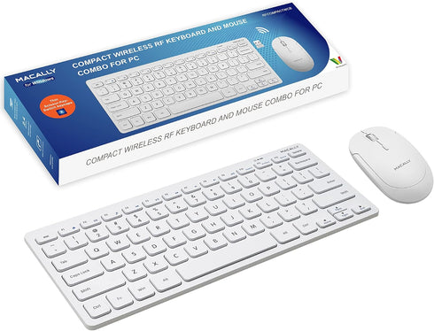 Macally Small Wireless Keyboard and Mouse Combo, Essential Work Duo, 2.4G White Keyboard and Mouse Wireless, 78 Key