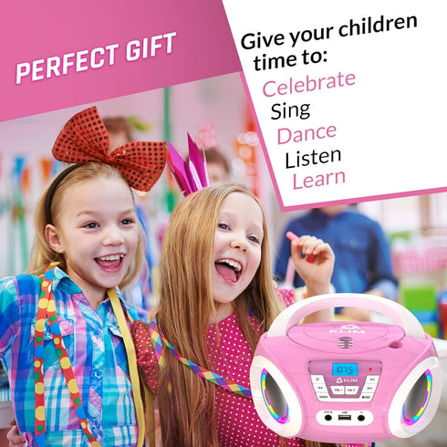 KLIM Candy Kids Portable CD Player, New Version 2024, FM Radio, Batteries Included, Cute Pink Boombox for Kids