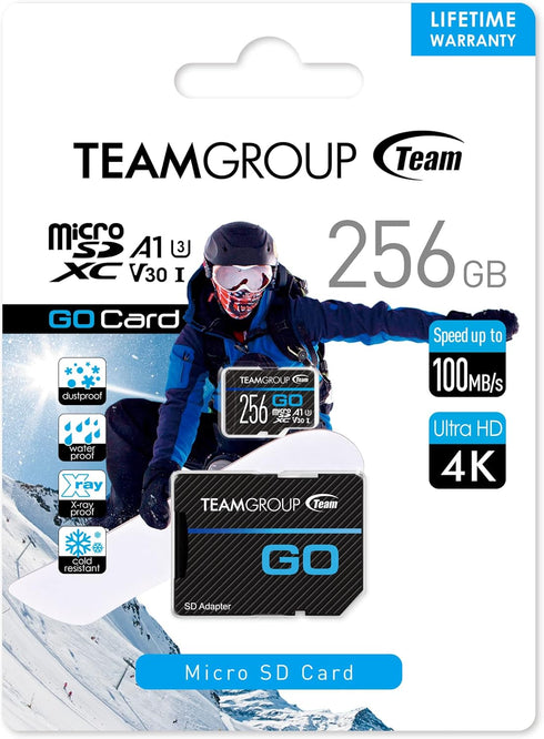 TEAMGROUP GO Card 256GB Micro SDXC UHS-I U3 V30 4K for GoPro & Action Cameras High Speed Flash Memory Card