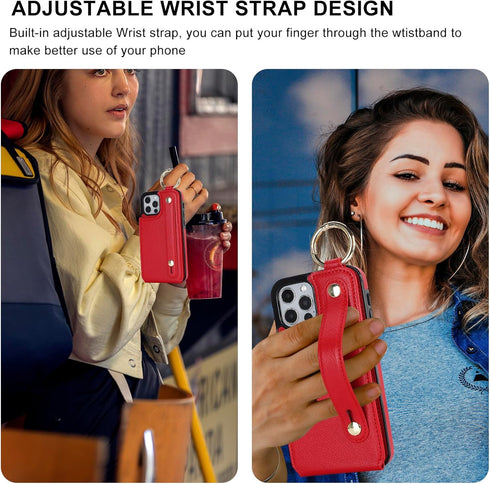 Folosu 12/12 6.1 Inch for iPhone Pro Wallet Case with Card Holder, Hand Wrist Strap Loop Holder Kickstand, RFID