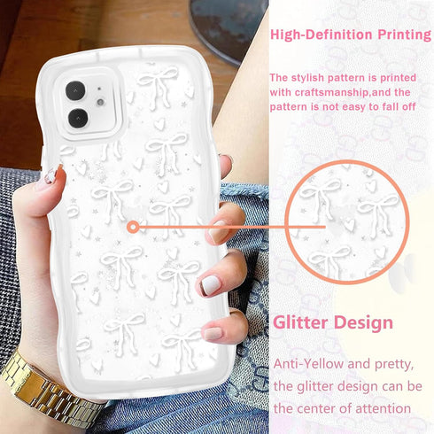 Zrutru 12 6.1",Kawaii 12,White Cute Bow Glitter Phone Case for iPhone Ribbons Bling Wave Cases Girly Heart Sparkling