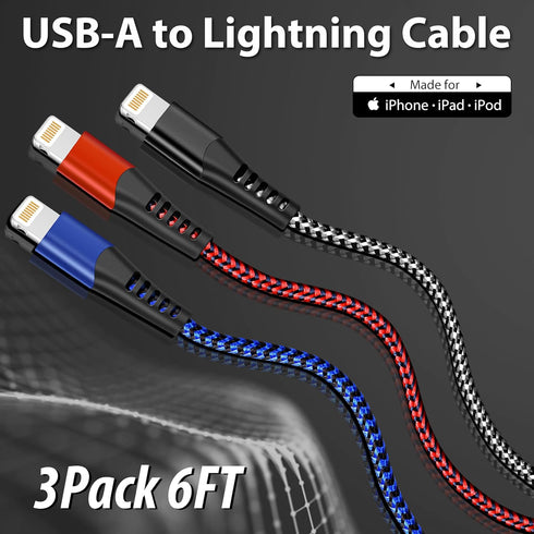 cugunu USB Lightning Cable 3 Pack 6FT, MFi Certified Nylon Braided Fast Charging Cord for iPhone