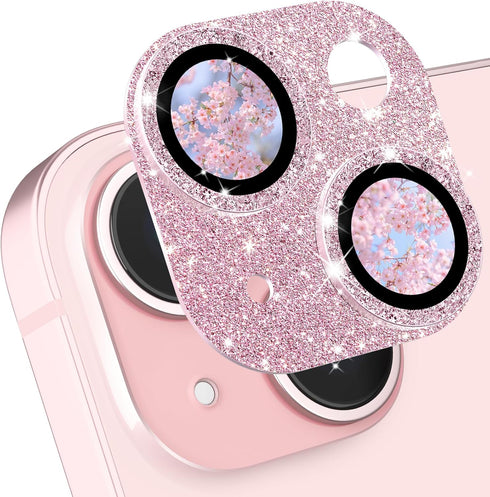 CloudValley HD Tempered Metal Matte Glass Camera Lens Protector for iPhone 15/15 Plus, Glitter Pink, Case Friendly.