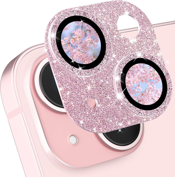 CloudValley HD Tempered Metal Matte Glass Camera Lens Protector for iPhone 15/15 Plus, Glitter Pink, Case Friendly.