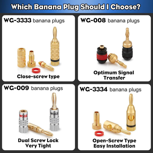 WGGE WG-3333 24k Gold Plated Speaker Banana Plugs - Closed Screw Type (12 Pairs)