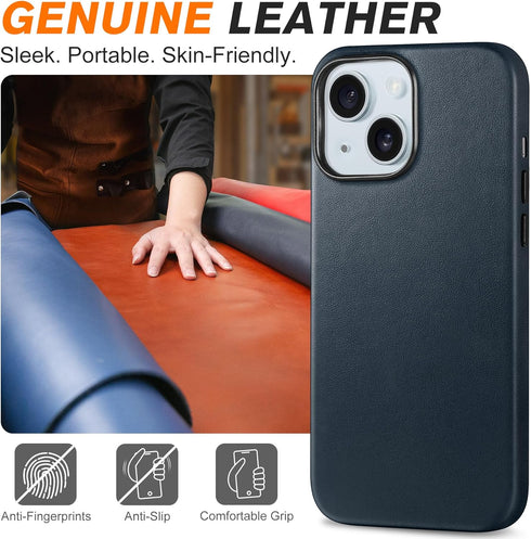 SHIELDON 15 2023, 15 6.1" Genuine Leather Case for iPhone Magnetic Wireless Charging Slim Non-Slip Anti-Scratch