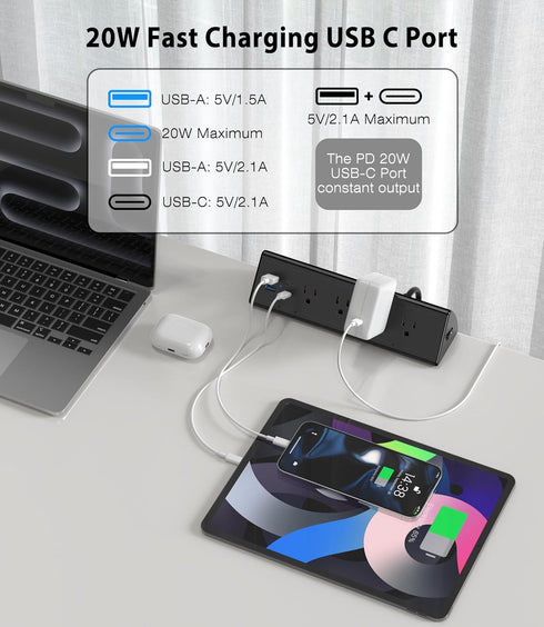 Jgstkcity Strip,20W Mount,1875W Outlets,2 USB-C,2 6 Desk Clamp Power Fast Charging Station,Surge Protector Nightstand