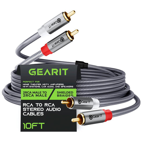 GearIT RCA Cable (10FT), 2RCA Male to 2RCA Male Stereo Audio Cables, Shielded Braided RCA Stereo Cable for Home