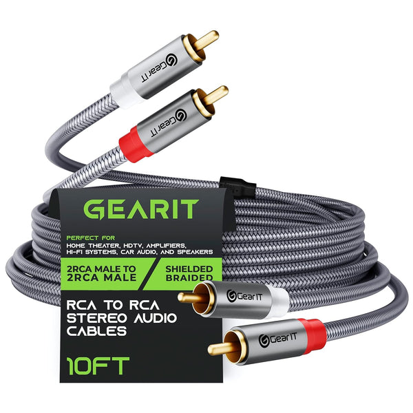 GearIT RCA Cable (10FT), 2RCA Male to 2RCA Male Stereo Audio Cables, Shielded Braided RCA Stereo Cable for Home