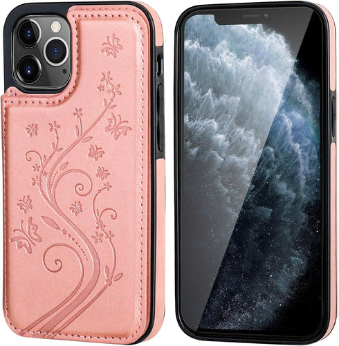 Vaburs iPhone 12 Pro Max Case Wallet with Card Holder, Embossed Butterfly Pattern PU Leather, Shockproof Cover, Rose