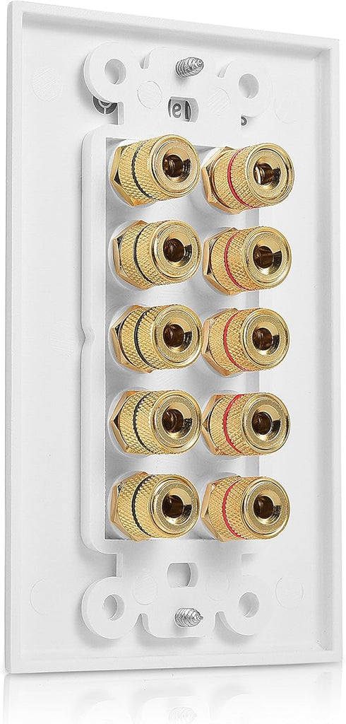 Cable Matters Speaker Wire Wall Plate (Speaker Wall Plate, Banana Plug Wall Plate) for 5 Speakers in White