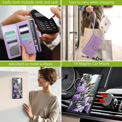 Varikke Wallet Case for Galaxy S22 Ultra - Detachable Card Holder with Glitter Leather Strap, Magnetic Flip Cover.