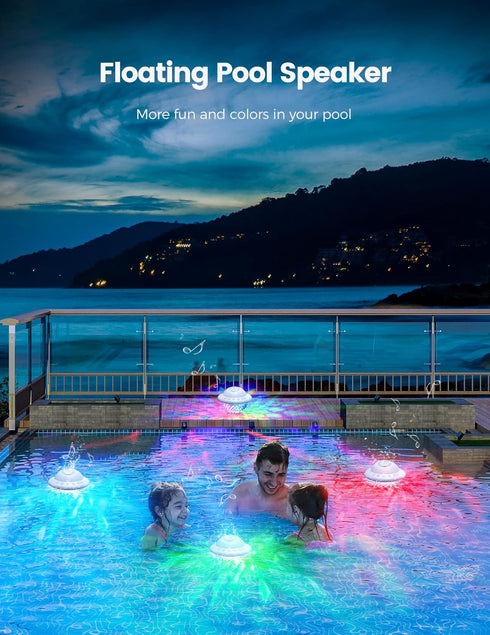 Floating Pool Speakers with Colorful LED Lights, IPX7 Waterproof Hot Tub Bluetooth Speaker, 10W Stereo Loud Sound,
