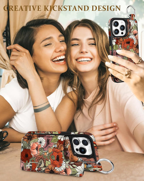 Shorogyt Wallet Case for iPhone 13 Pro, Card Holder, Designer Mushroom Flower Pattern, Magnetic Clasp Flip Folio