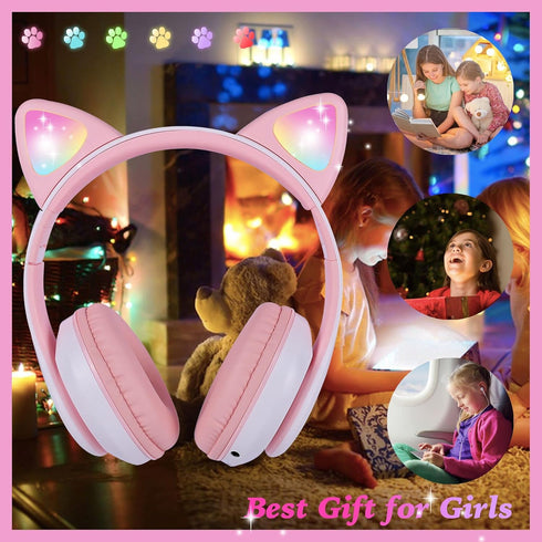 Wireless Headphones for Kids, Cat Ear LED Light Up Bluetooth Headphones with Microphone for