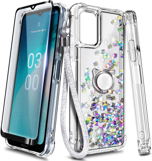 NZND Compatible with Nokia G310 5G Case - Glitter Liquid Floating Waterfall Cute Phone Case with Tempered Glass Screen