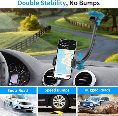 Heavy Duty Gooseneck Car Phone Holder 14'' for Truck, Flexible Long Arm, Anti-Shake Stabilizer, Suction Cup Mount