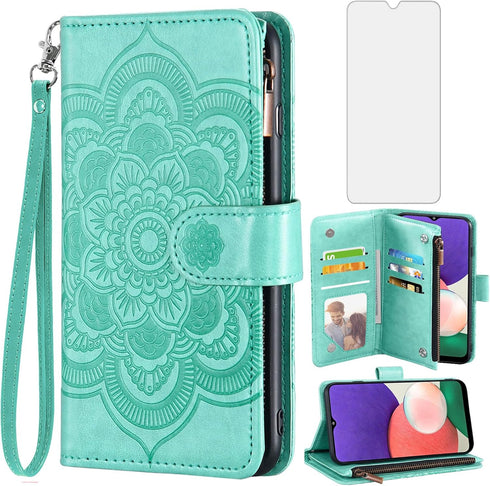 Asuwish Wallet Case for Samsung Galaxy A22 5G/Celero 5G - Flip Card Holder, Tempered Glass Protector, Green.