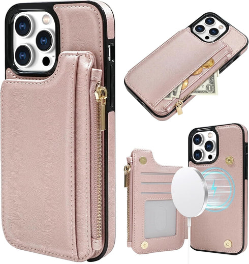 Delidigi Wallet Case for iPhone 14 Pro Max with Card Holder, Compatible with Mag-Safe, Flip PU Leather Zipper Pouch