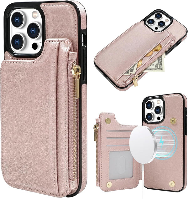 Delidigi Wallet Case for iPhone 14 Pro Max with Card Holder, Compatible with Mag-Safe, Flip PU Leather Zipper Pouch