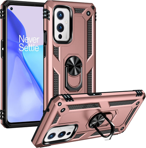 Military Grade Shockproof Case for Oneplus 9 5G, Armor Heavy Duty with 360 Metal Rotating Ring Kickstand (Rose Gold)