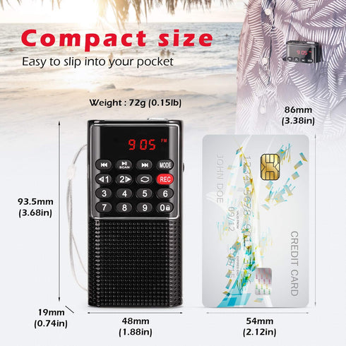 Mini Pocket FM Walkman Radio Portable Battery Radio with Recorder, Lock Key, SD Card Player, Rechargeable Battery Operated, by PRUNUS(NO AM)