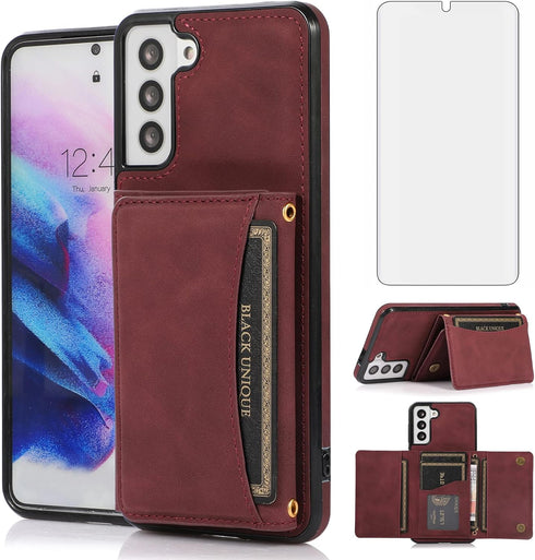 Asuwish Phone Case for Samsung Galaxy S21 5G 6.2 inch Wine Red Wallet Cover with Tempered Glass Protector & PU Leather