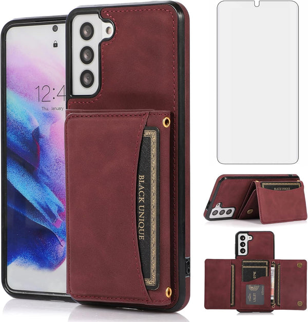 Asuwish Phone Case for Samsung Galaxy S21 5G 6.2 inch Wine Red Wallet Cover with Tempered Glass Protector & PU Leather