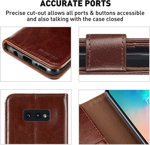 MONASAY Wallet Case for Galaxy S10e, 5.8 inch, Flip Folio Leather Cover with RFID Blocking, Brown, Screen Protector
