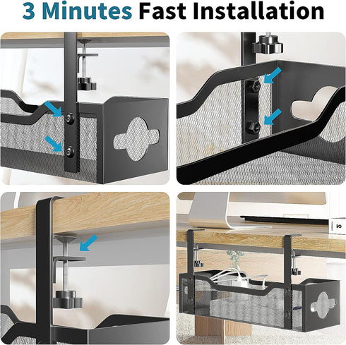 Under Desk Cable Management Tray 2 Pack, No Drill Desk Cable Organizer with Clamp for Standing Desk Wire Management