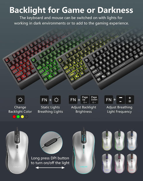 CHONCHOW 12 PS5 USB Wired Keyboard and Mouse Combo with Red-Yellow-Green LED, Silent Gaming Keyboard with Mulitmedia