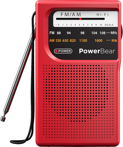 PowerBear Portable Radio | AM/FM, 2AA Battery Operated with Long Range Reception (Red)