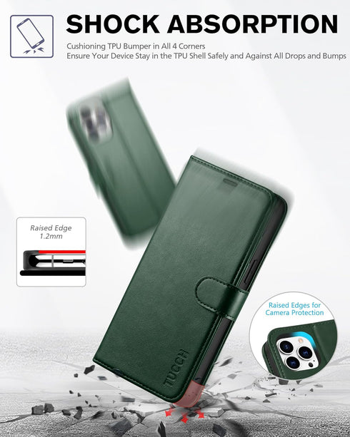TUCCH Wallet Case for iPhone 12 Pro Max 5G, PU Leather Magnetic Flip Cover, Shockproof TPU Interior, Midnight Green