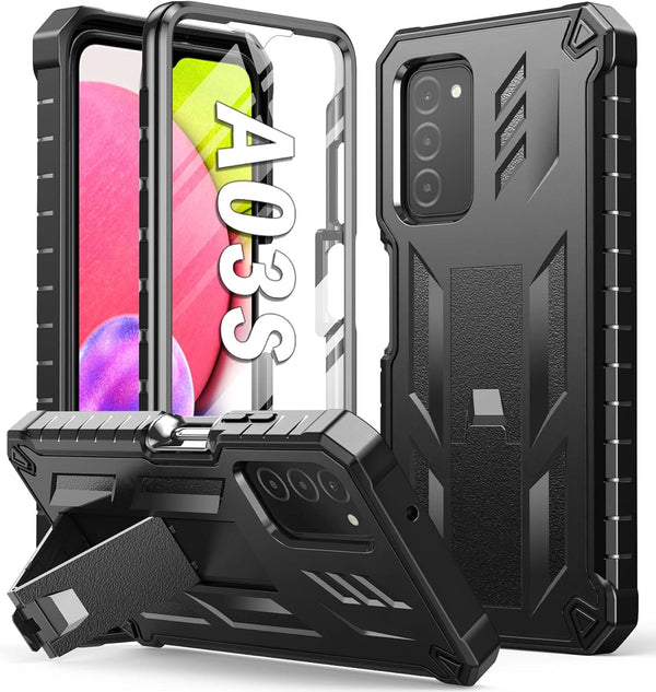 Samsung Galaxy A03S Phone Case, Built-in Hard Kickstand & Touch Protector, Military Shockproof TPU Cover - Black