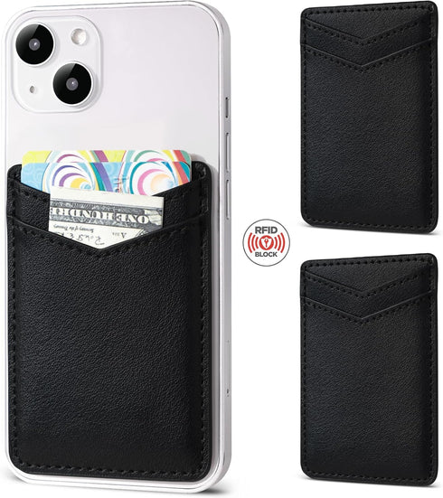 2Pack Leather Phone Wallet, Adhesive Stick On Credit Card Holder for Back of iPhone and Android Phone Case-Black