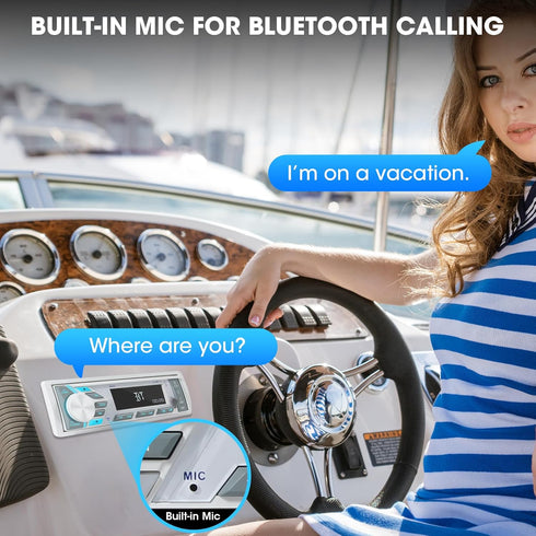 Single Din Marine Stereo Receiver: Bluetooth Boat Radio with Digital LCD Display, AM FM MP3, USB Charging
