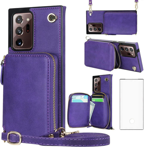 Asuwish Samsung Galaxy Note 20 Ultra 5G Wallet Case, Leather Cover with Zipper Slot, Screen Protector, Purple.