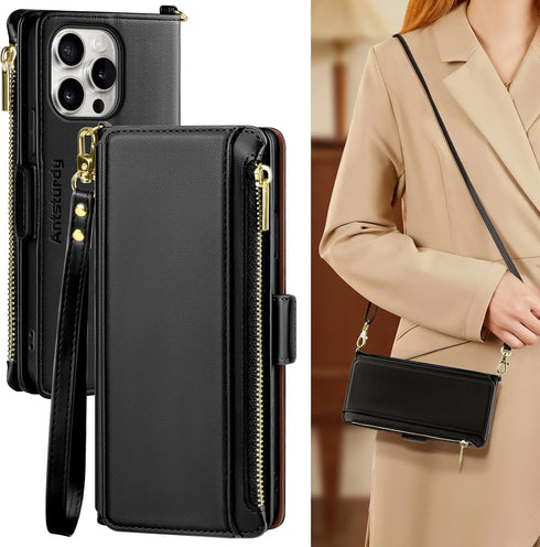 Antsturdy Wallet Case for iPhone 15 Pro Max, RFID Blocking PU Leather Crossbody Phone Case with Zipper Wrist Strap,