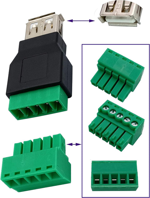 USB 2.0 A Screw Terminal Block Adapter, Female to 5 Pin/Way Female Bolt Screw Shield for Charging and Data Transfer