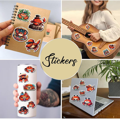 BIGZORO Pack 50 PCS Crab Stickers Print Sea Ocean Animal Waterproof Vinyl Decals Cute Items for Men Women Kids Boys