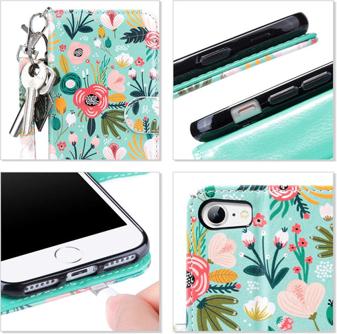 ULAK Mint Floral Wallet Case for iPhone SE 3(2022)/SE(2020)/8/7, Premium PU Leather Flip Case with Card Holder