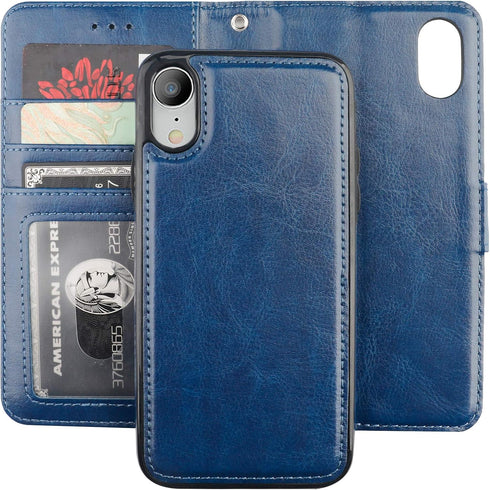 Bocasal iPhone Xr Wallet Case - PU Leather Magnetic Detachable Kickstand with Card Holder, Blue