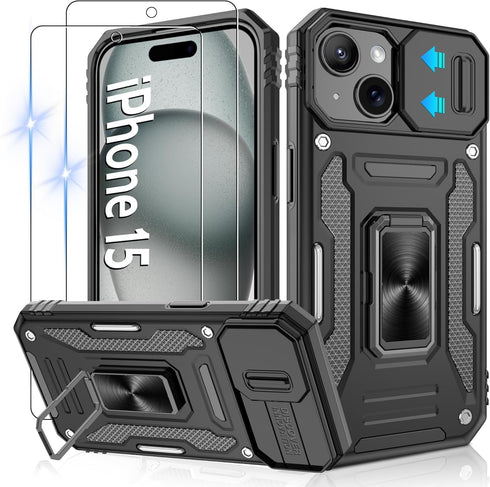 Gritup for iPhone 15 Case with Slide Camera Cover | 2-Pack HD Screen
