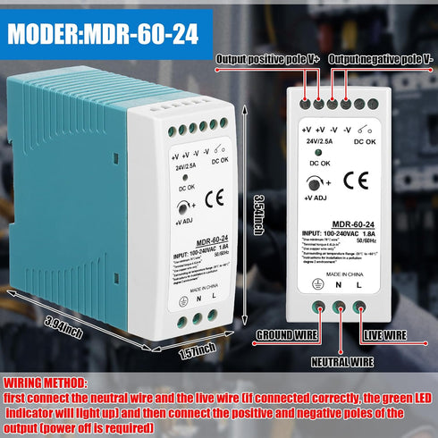 2 24vdc 24v 2.5a 60w 100-240vac, 24vdc, 50/60hz) Yexiya Pcs Power Supply Din Rail Power Supply Mdr Din Rail Dual Output