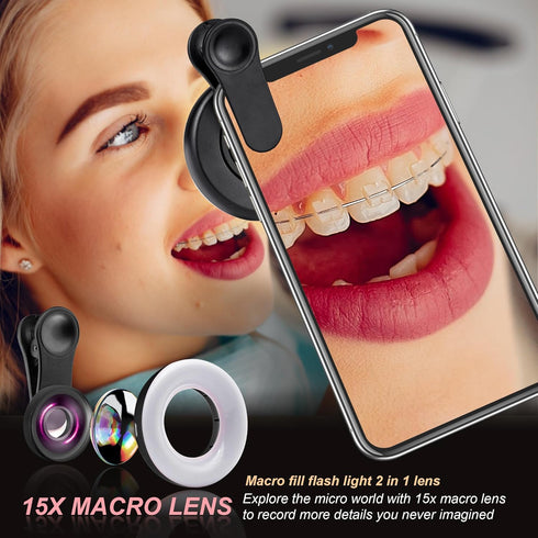 Macro Lens for iPhone and Android with Mini Clip Ring Light - Portable Rechargeable Dimming for Smartphone Photography