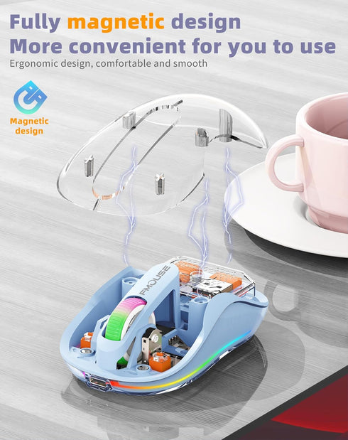 Unique Transparent Bluetooth Mouse with USB & Type-C Receivers, Small Portable Wireless Rechargeable Mice for MacBook,