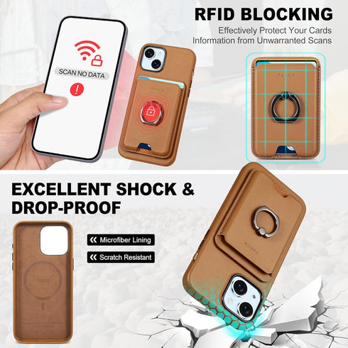 TUCCH Case for iPhone 15, Removable Card Wallet, RFID Blocking, Magnetic Wireless Charging, Brown, Compatible with