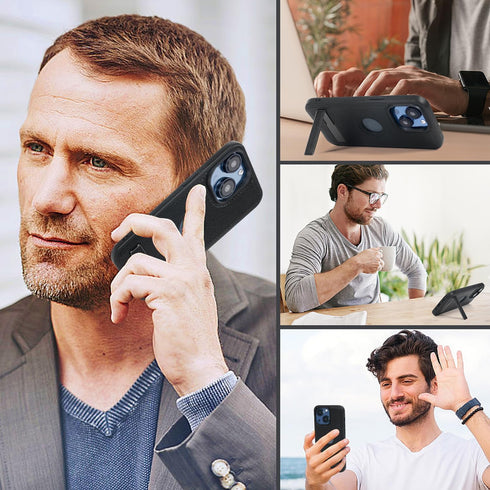 Leather Case for iPhone 14 Plus, Slim Protective with Kickstand, Built-in Invisible Stand, Black