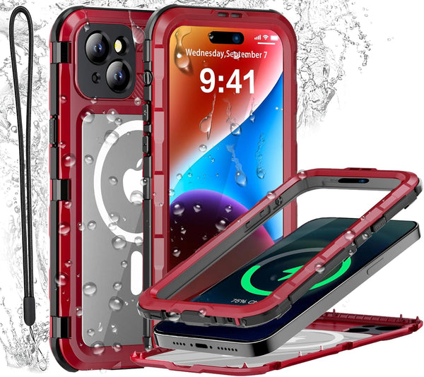 iPhone 15 Waterproof Case Compatible with MagSafe - Metal Heavy Duty IP68 Underwater Case, Red