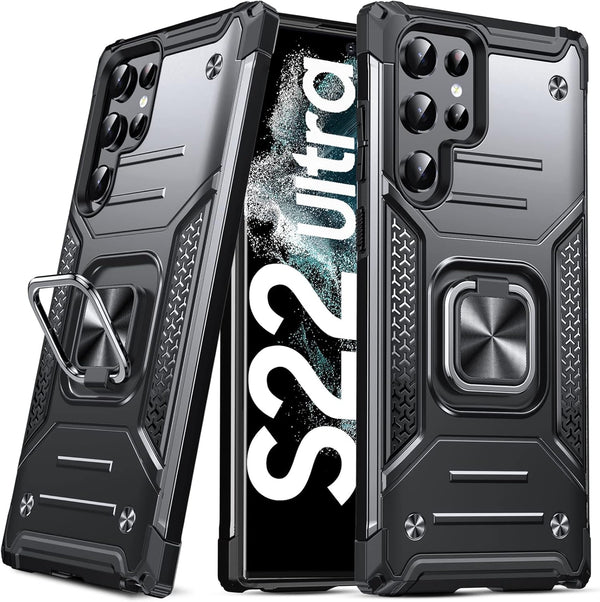 Anqrp Galaxy S22 Ultra Case, Military Grade Protective Cover with Rotatable Metal Ring Kickstand, Black